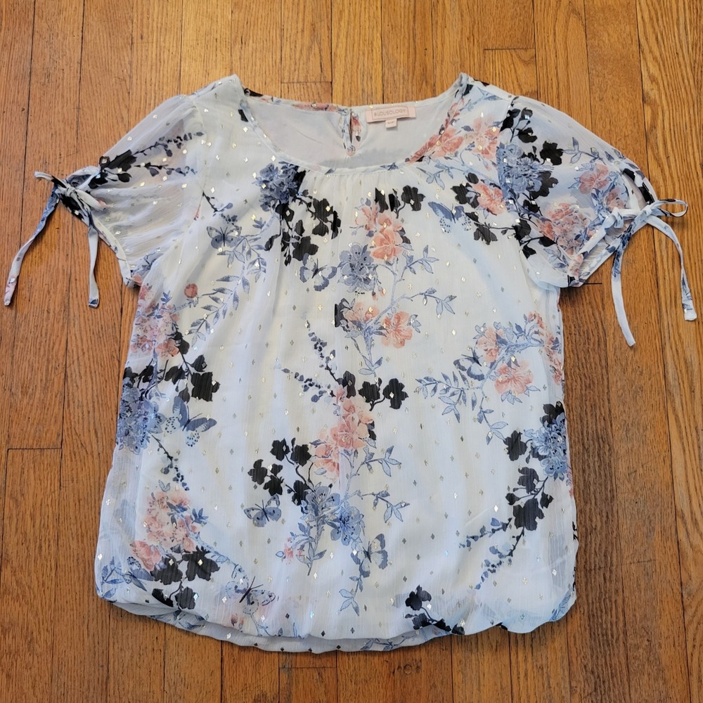 Blousology S Blouse White Floral Gold Foil Tie Sleeve Bubble Hem Lightweight‎